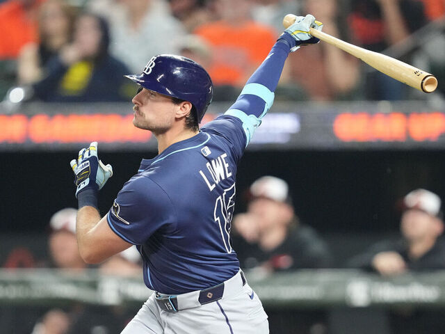 BALTIMORE, MD - SEPTEMBER 24: Josh Lowe #15 of the Tampa Bay Rays takes a swing during a baseball game against the Baltimore Orioles at the Oriole Park at Camden Yards on September 24, 2025 in Baltimore, Maryland.