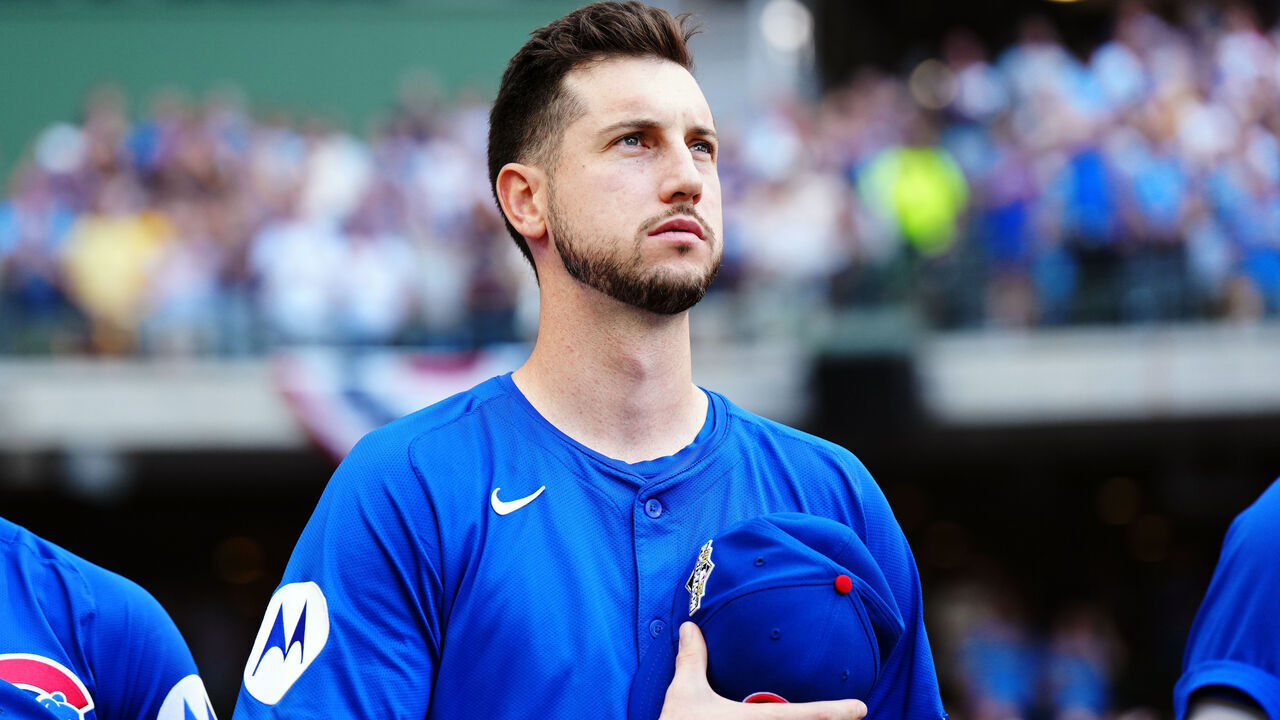 MILWAUKEE, WI - OCTOBER 04: Kyle Tucker #30 of the Chicago Cubs looks on during the singing of the national anthem prior to Game One of the National League Division Series presented by Booking.com between the Chicago Cubs and the Milwaukee Brewers at American Family Field on Saturday, October 4, 2025 in Milwaukee, Wisconsin.