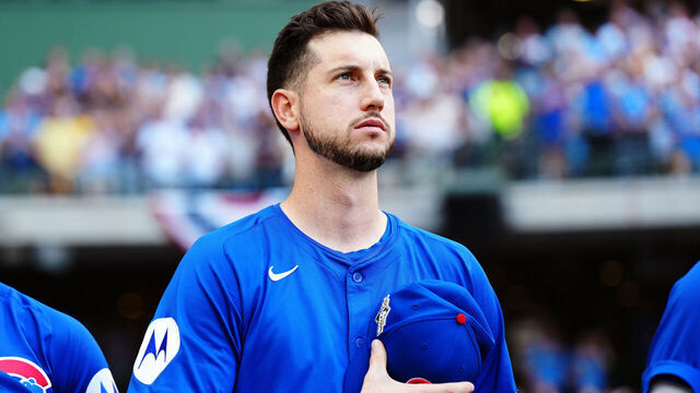 MILWAUKEE, WI - OCTOBER 04: Kyle Tucker #30 of the Chicago Cubs looks on during the singing of the national anthem prior to Game One of the National League Division Series presented by Booking.com between the Chicago Cubs and the Milwaukee Brewers at American Family Field on Saturday, October 4, 2025 in Milwaukee, Wisconsin.
