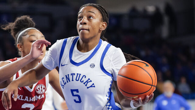 LEXINGTON, KENTUCKY - JANUARY 11: Tonie Morgan #5 of the Kentucky Wildcats drives to the basket during the game against the Oklahoma Sooners at Rupp Arena on January 11, 2026 in Lexington, Kentucky.