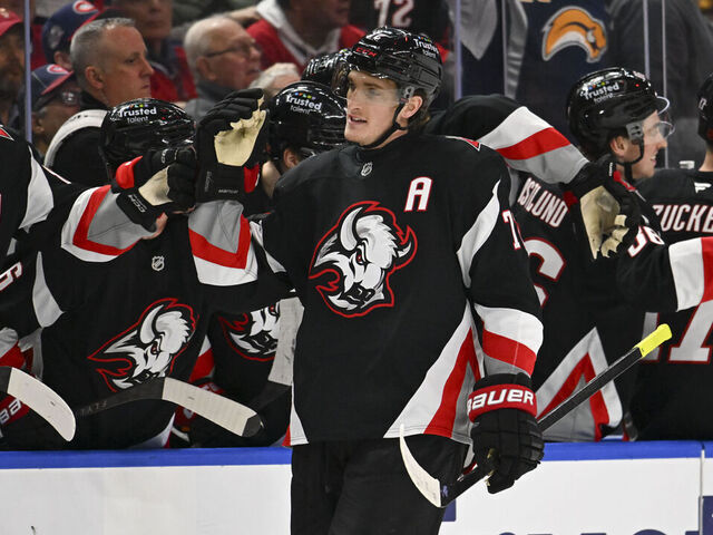 BUFFALO, NEW YORK - JANUARY 15: Tage Thompson #72 of the Buffalo Sabres celebrates his goal with teammates on the bench during the third period of an NHL game against the Montréal Canadiens at KeyBank Center on January 15, 2026 in Buffalo, New York. Buffalo won 5-3.