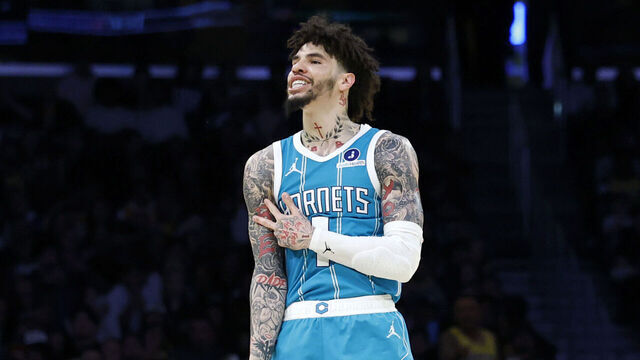 LOS ANGELES, CALIFORNIA - JANUARY 15: LaMelo Ball #1 of the Charlotte Hornets celebrates his three pointer during a 135-117 Hornets win over the Los Angeles Lakers at Crypto.com Arena on January 15, 2026 in Los Angeles, California.