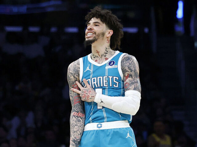 LOS ANGELES, CALIFORNIA - JANUARY 15: LaMelo Ball #1 of the Charlotte Hornets celebrates his three pointer during a 135-117 Hornets win over the Los Angeles Lakers at Crypto.com Arena on January 15, 2026 in Los Angeles, California.