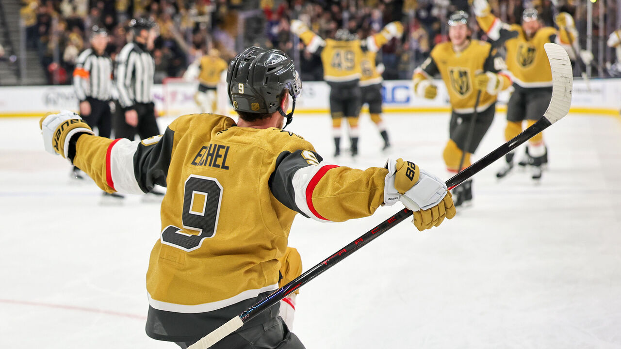 LAS VEGAS, NEVADA - JANUARY 15: Jack Eichel #9 of the Vegas Golden Knights celebrates after scoring a goal against the Toronto Maple Leafs in overtime to win their game 6-5 at T-Mobile Arena on January 15, 2026 in Las Vegas, Nevada.