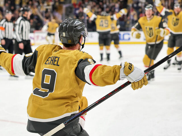 LAS VEGAS, NEVADA - JANUARY 15: Jack Eichel #9 of the Vegas Golden Knights celebrates after scoring a goal against the Toronto Maple Leafs in overtime to win their game 6-5 at T-Mobile Arena on January 15, 2026 in Las Vegas, Nevada.