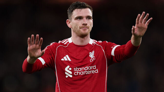 LIVERPOOL, ENGLAND - JANUARY 12: Andrew Robertson of Liverpool gestures during the Emirates FA Cup Third Round match between Liverpool and Barnsley at Anfield Stadium on January 12, 2026 in Liverpool, England.