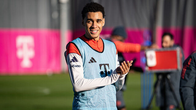 MUNICH, GERMANY - JANUARY 16: (EDITORS NOTE: Image has been digitally enhanced.) Jamal Musiala of FC Bayern Muenchen during a training session at the Saebener Strasse training ground in Munich, southern Germany, on January 16, 2026 in Munich, Germany.