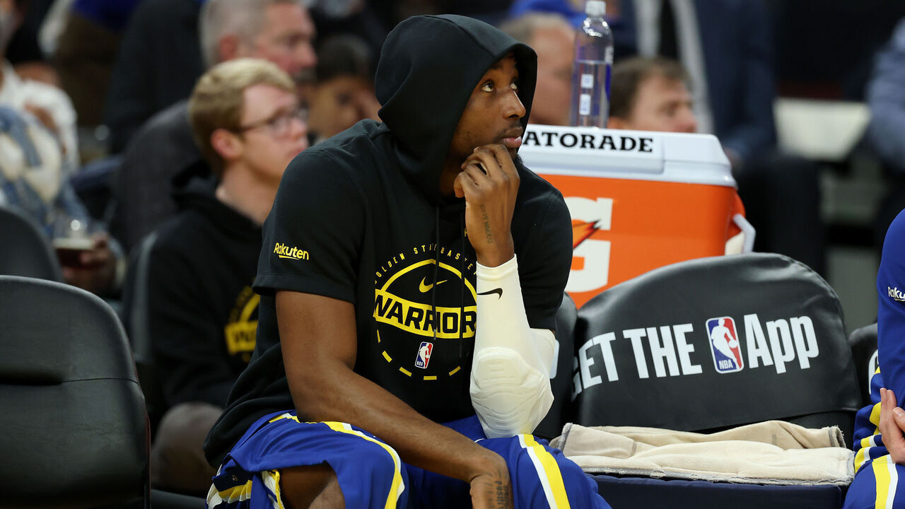 SAN FRANCISCO, CALIFORNIA - JANUARY 15: Jonathan Kuminga #1 of the Golden State Warriors sits on the the bench during their game against the New York Knicks during the second quarter at Chase Center on January 15, 2026 in San Francisco, California. NOTE TO USER: User expressly acknowledges and agrees that, by downloading and/or using this photograph, user is consenting to the terms and conditions of the Getty Images License Agreement.