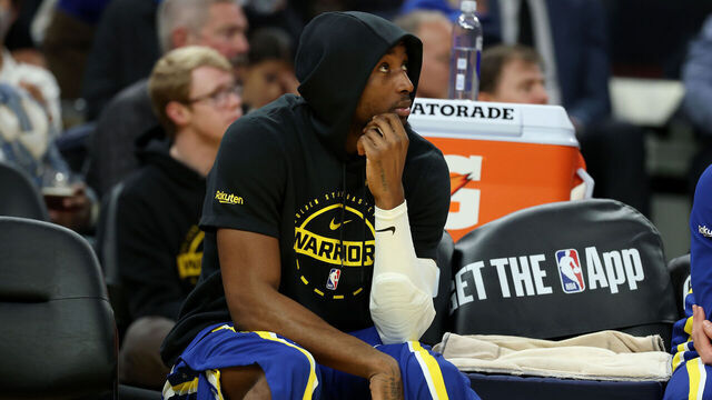 SAN FRANCISCO, CALIFORNIA - JANUARY 15: Jonathan Kuminga #1 of the Golden State Warriors sits on the the bench during their game against the New York Knicks during the second quarter at Chase Center on January 15, 2026 in San Francisco, California. NOTE TO USER: User expressly acknowledges and agrees that, by downloading and/or using this photograph, user is consenting to the terms and conditions of the Getty Images License Agreement.