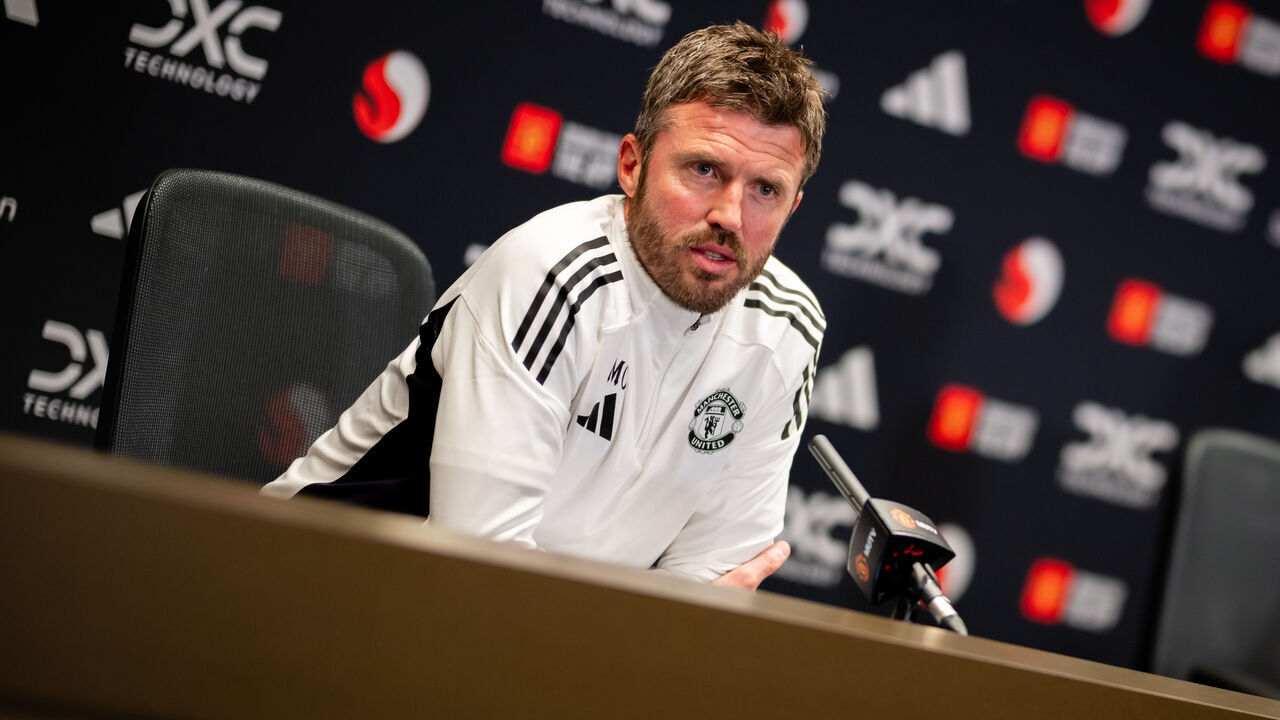 MANCHESTER, ENGLAND - JANUARY 16: (EXCLUSIVE COVERAGE) Head Coach Michael Carrick of Manchester United speaks during a press conference at Carrington Training Ground on January 16, 2026 in Manchester, England.