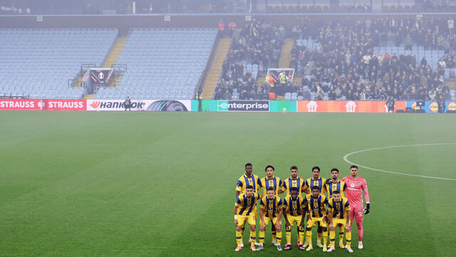 BIRMINGHAM, ENGLAND - NOVEMBER 06: The Maccabi Tel-Aviv team group with the empty away supporters area during the UEFA Europa League 2025/26 League Phase MD4 match between Aston Villa FC and Maccabi Tel-Aviv FC at Villa Park on November 06, 2025 in Birmingham, England.