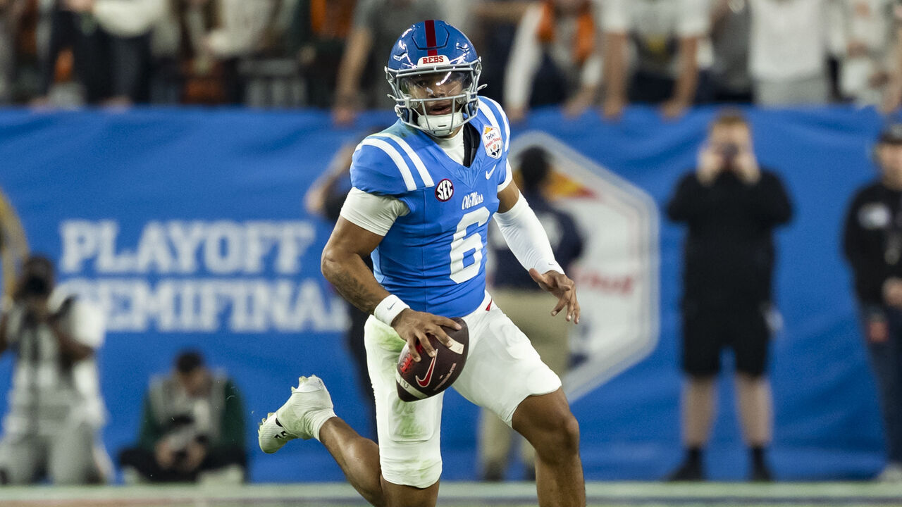 GLENDALE, ARIZONA - JANUARY 8: Trinidad Chambliss #6 of the Mississippi Rebels moves with the ball in the fourth quarter of the 2025 College Football Playoff Semifinal at State Farm Stadium on January 8, 2026 in Glendale, Arizona.
