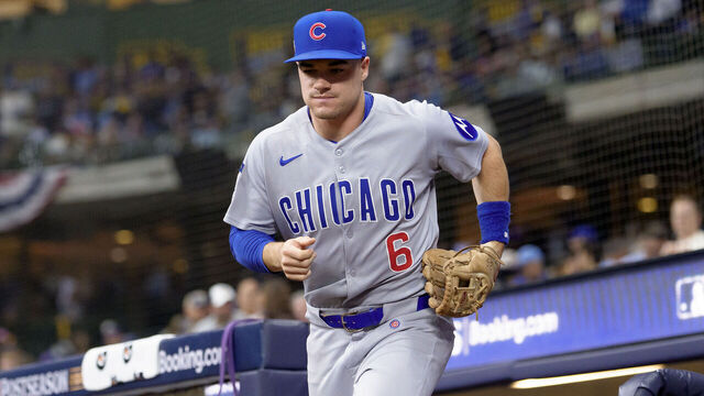 MILWAUKEE, WISCONSIN - OCTOBER 11: Matt Shaw #6 of the Chicago Cubs takes the field in Game Five of the National League Division Series against the Milwaukee Brewers at American Family Field on October 11, 2025 in Milwaukee, Wisconsin.