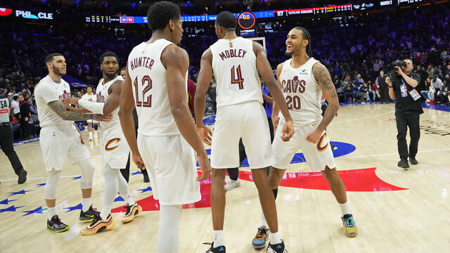 PHILADELPHIA, PA - JANUARY 16: The Cleveland Cavaliers celebrate after the game against the Philadelphia 76ers on January 16, 2026 at the Wells Fargo Center in Philadelphia, Pennsylvania NOTE TO USER: User expressly acknowledges and agrees that, by downloading and/or using this Photograph, user is consenting to the terms and conditions of the Getty Images License Agreement. Mandatory Copyright Notice: Copyright 2026 NBAE