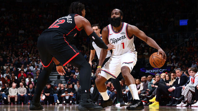 TORONTO, CANADA - JANUARY 16: James Harden #1 of the LA Clippers looks to pass the ball during the game against the Toronto Raptors on January 16, 2026 at the Scotiabank Arena in Toronto, Ontario, Canada. Mandatory Copyright Notice: Copyright 2026 NBAE