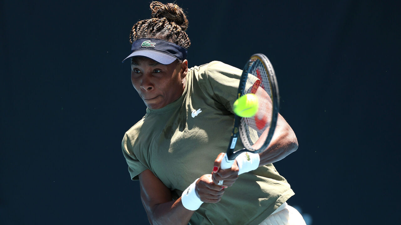 MELBOURNE, AUSTRALIA - JANUARY 17: Venus Williams of the United States plays a backhand during a practice session ahead of the 2026 Australian Open at Melbourne Park on January 17, 2026 in Melbourne, Australia.
