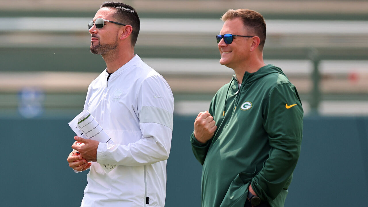 GREEN BAY, WISCONSIN - JUNE 04: Head coach Matt LaFleur and general manager Brian Gutekunst of the Green Bay Packers watche action during the Green Bay Packers Minicamp at Ray Nitschke Field on June 04, 2024 in Green Bay, Wisconsin.