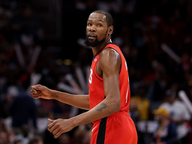 HOUSTON, TEXAS - JANUARY 16: Kevin Durant #7 of the Houston Rockets reacts after making a three pointer during the game against the Minnesota Timberwolves at Toyota Center on January 16, 2026 in Houston, Texas. User expressly acknowledges and agrees that, by downloading and or using this photograph, User is consenting to the terms and conditions of the Getty Images License Agreement.