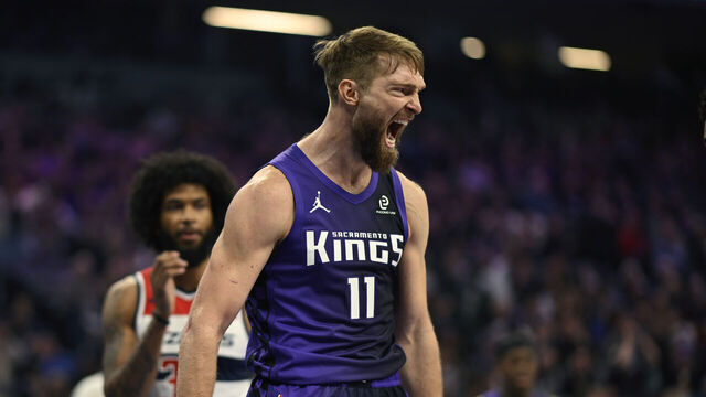 SACRAMENTO, CALIFORNIA - JANUARY 16: Domantas Sabonis #11 of the Sacramento Kings celebrates against the Washington Wizards in the first quarter at Golden 1 Center on January 16, 2026 in Sacramento, California.