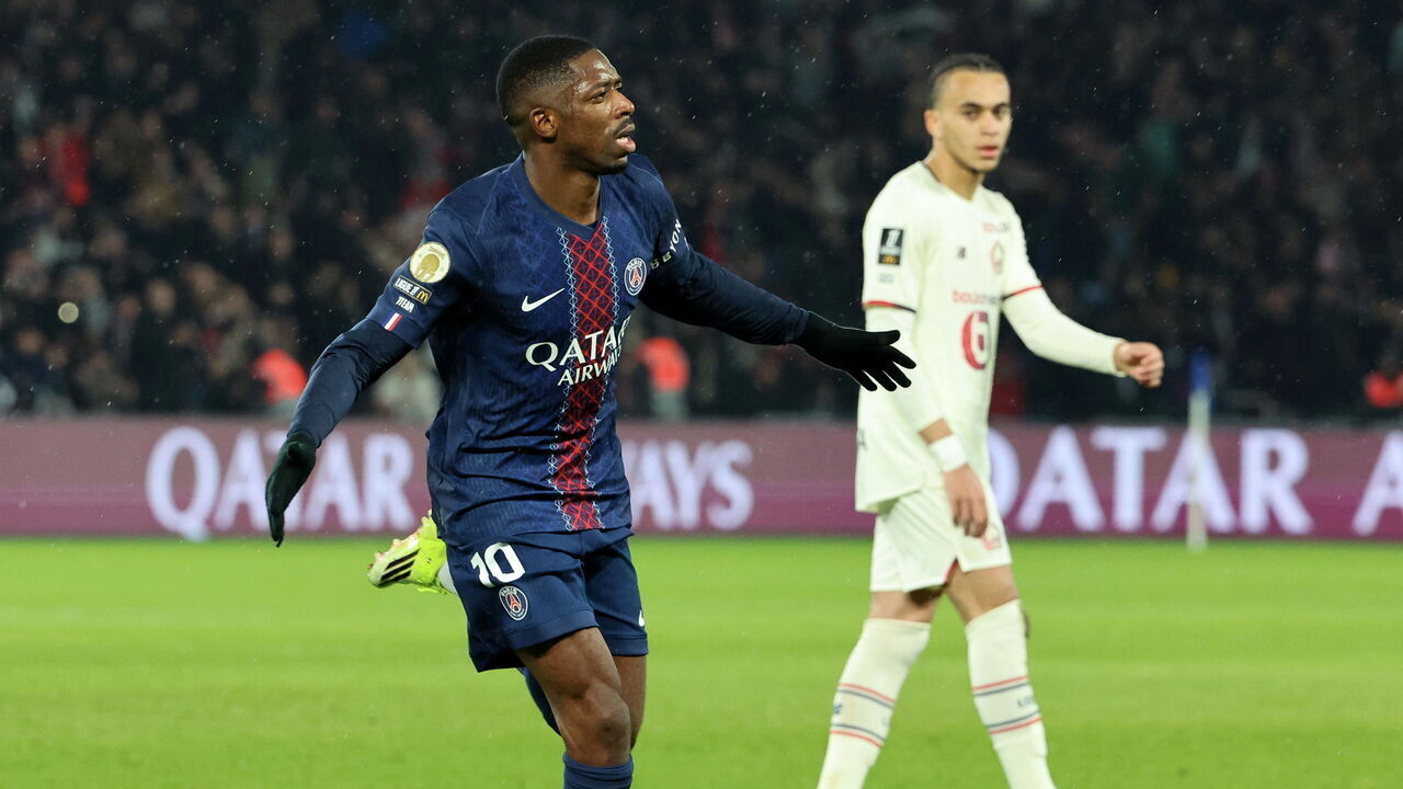PARIS, FRANCE - JANUARY 16: Ousmane Dembele #10 of Paris Saint-Germain celebrate his first goal over Ethan Mbappe #8 of Lille OSC during the Ligue 1 McDonald's match between Paris Saint-Germain and Lille OSC at Parc des Princes on January 16, 2026 in Paris, France.