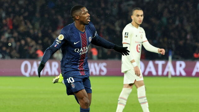 PARIS, FRANCE - JANUARY 16: Ousmane Dembele #10 of Paris Saint-Germain celebrate his first goal over Ethan Mbappe #8 of Lille OSC during the Ligue 1 McDonald's match between Paris Saint-Germain and Lille OSC at Parc des Princes on January 16, 2026 in Paris, France.