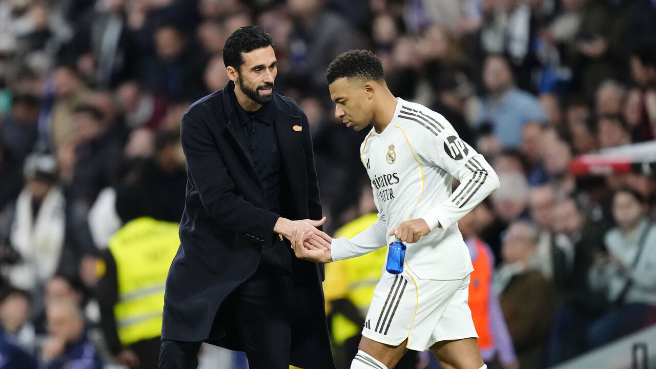Kylian Mbappe centre-forward of Real Madrid and France celebrates with Alvaro Arbeloa after scoring his sides first goal during the LaLiga EA Sports match between Real Madrid CF and Levante UD at Estadio Santiago Bernabeu on January 17, 2026 in Madrid, Spain.