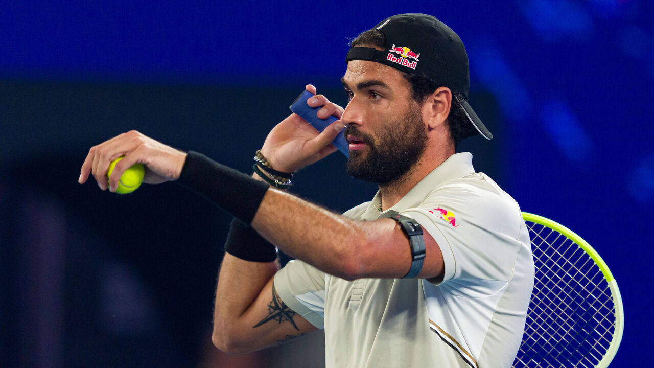 MELBOURNE, AUSTRALIA - JANUARY 16: Matteo Berrettini of Italy reacts against Nicolai Budkov Kjaer of Norway during their Red Bull Bassline match ahead of the 2025 Australian Open at Melbourne Park on January 16, 2026 in Melbourne, Australia.