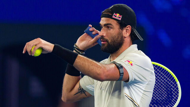 MELBOURNE, AUSTRALIA - JANUARY 16: Matteo Berrettini of Italy reacts against Nicolai Budkov Kjaer of Norway during their Red Bull Bassline match ahead of the 2025 Australian Open at Melbourne Park on January 16, 2026 in Melbourne, Australia.