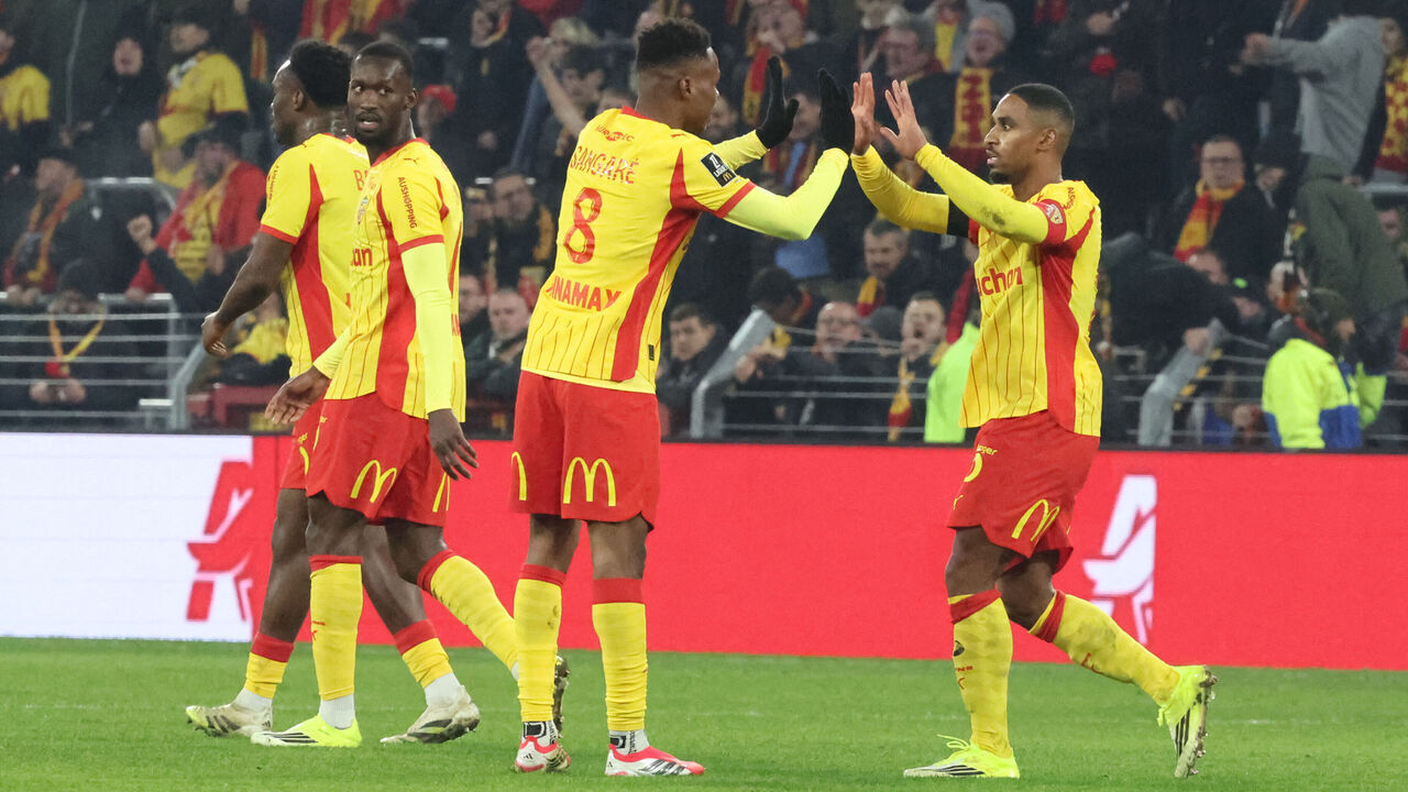 Lens' French forward #22 Wesley Said (R) celebrates with teammates after scoring a goal during the French L1 football match between RC Lens and AJ Auxerre at the Stade Bollaert-Delelis in Lens, northern France, on January 17, 2026.