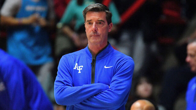 ALBUQUERQUE, NEW MEXICO - MARCH 01: Head coach Joe Scott of the Air Force Falcons looks on during the second half of a game against the New Mexico Lobos at The Pit on March 01, 2025 in Albuquerque, New Mexico. The Lobos defeated the Falcons 92-71.