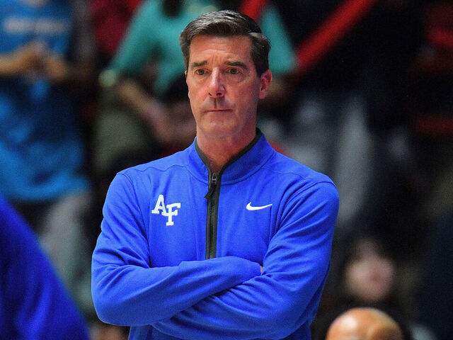 ALBUQUERQUE, NEW MEXICO - MARCH 01: Head coach Joe Scott of the Air Force Falcons looks on during the second half of a game against the New Mexico Lobos at The Pit on March 01, 2025 in Albuquerque, New Mexico. The Lobos defeated the Falcons 92-71.