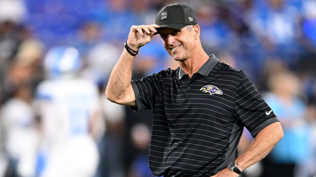 BALTIMORE, MARYLAND - SEPTEMBER 22: Head coach John Harbaugh of the Baltimore Ravens looks on before the game against the Detroit Lions at M&T Bank Stadium on September 22, 2025 in Baltimore, Maryland.