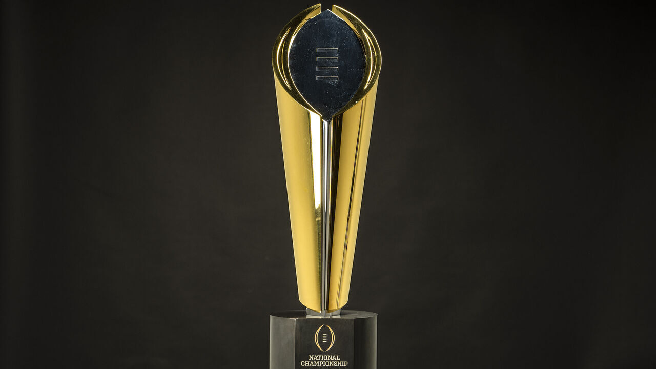 HOUSTON, TEXAS - JANUARY 4: The College Football Playoff National Championship trophy is shown in the Chronicle Studio on Thursday, Jan. 4, 2024 in Houston. (Brett Coomer/Houston Chronicle via Getty Images)