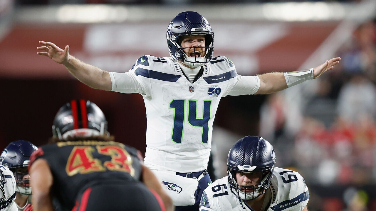 SANTA CLARA, CALIFORNIA - JANUARY 03: Sam Darnold #14 of the Seattle Seahawks calls a play at the line of scrimmage in the second quarter against the San Francisco 49ers at Levi's Stadium on January 03, 2026 in Santa Clara, California.