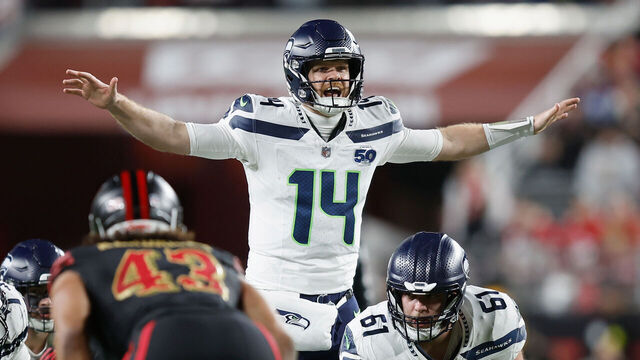 SANTA CLARA, CALIFORNIA - JANUARY 03: Sam Darnold #14 of the Seattle Seahawks calls a play at the line of scrimmage in the second quarter against the San Francisco 49ers at Levi's Stadium on January 03, 2026 in Santa Clara, California.