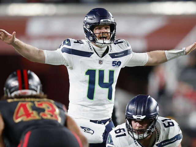 SANTA CLARA, CALIFORNIA - JANUARY 03: Sam Darnold #14 of the Seattle Seahawks calls a play at the line of scrimmage in the second quarter against the San Francisco 49ers at Levi's Stadium on January 03, 2026 in Santa Clara, California.
