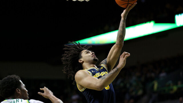 EUGENE, OREGON - JANUARY 17: Elliot Cadeau #3 of the Michigan Wolverines goes up for a layup during the second half against the Oregon Ducks at Matthew Knight Arena on January 17, 2026 in Eugene, Oregon.