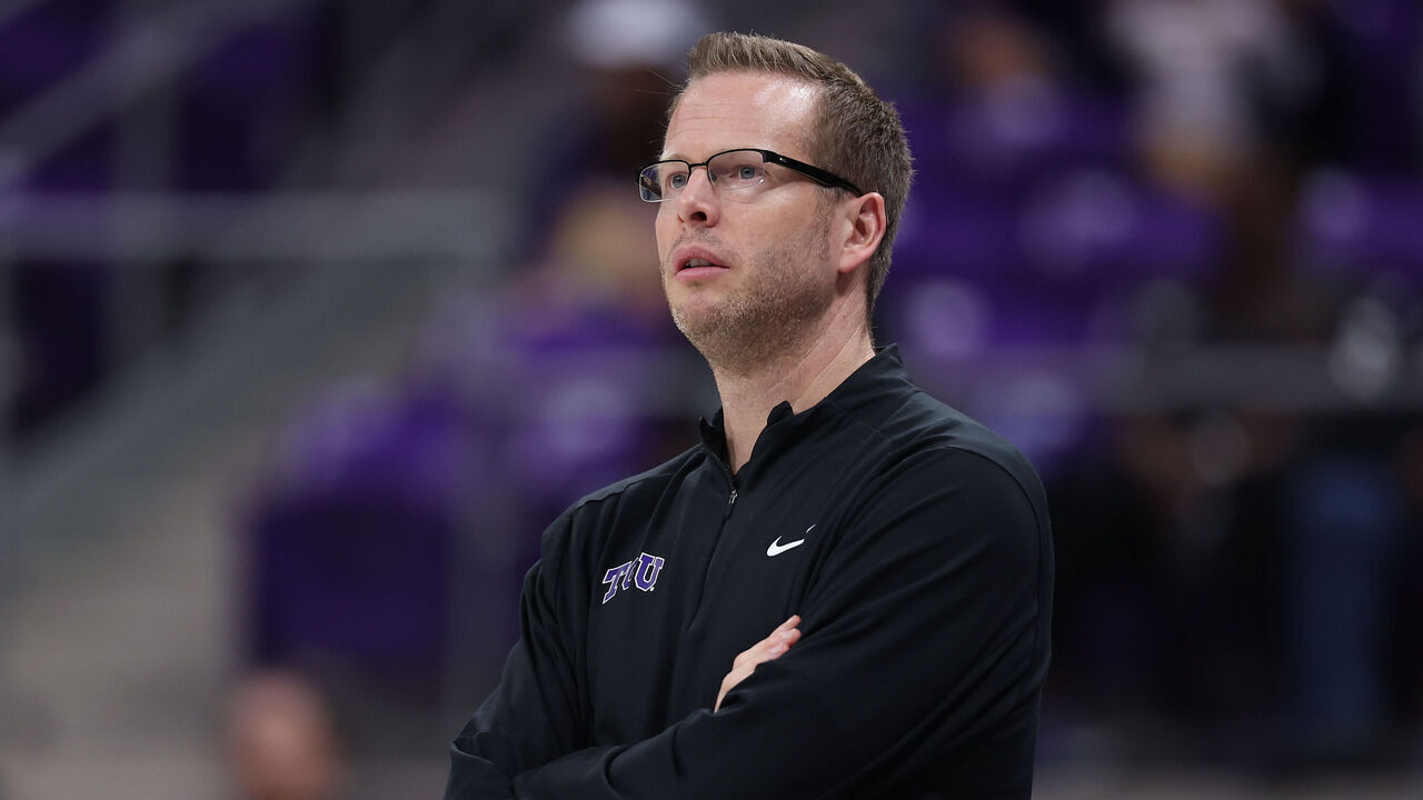 FORT WORTH, TEXAS - DECEMBER 20: Head coach Mark Campbell of the TCU Horned Frogs looks on during the second half against the Kansas State Wildcats at Schollmaier Arena on December 20, 2025 in Fort Worth, Texas.