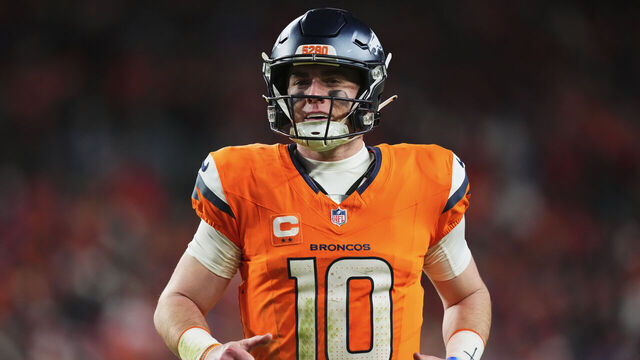DENVER, CO - JANUARY 17: Bo Nix #10 of the Denver Broncos celebrates after scoring a touchdown against the Buffalo Bills during the second half of an AFC Divisional Playoff game at Empower Field At Mile High on January 17, 2026 in Denver, Colorado.