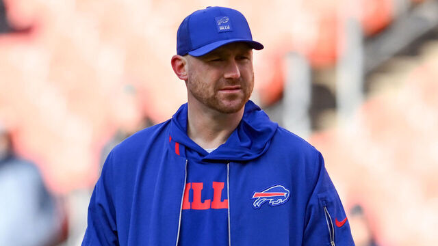 CLEVELAND, OHIO - DECEMBER 21: Offensive coordinator Joe Brady of the Buffalo Bills looks on prior to a game against the Cleveland Browns at Huntington Bank Field on December 21, 2025 in Cleveland, Ohio.