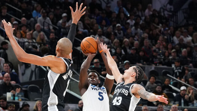 SAN ANTONIO, TX - JANUARY 17: Anthony Edwards #5 of the Minnesota Timberwolves shoots a three point basket during the game against the San Antonio Spurs on January 17, 2026 at the Frost Bank Center in San Antonio, Texas. Mandatory Copyright Notice: Copyright 2026 NBAE (Photos by Sharon Chi/NBAE via Getty Images)