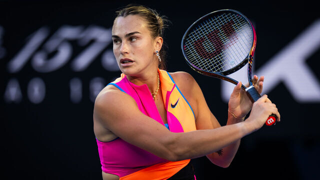 MELBOURNE, AUSTRALIA - JANUARY 18: Aryna Sabalenka in action against Tiantsoa Rakotomanga Rajaonah of France in the first round on Day 1 of the 2026 Australian Open at Melbourne Park on January 18, 2026 in Melbourne, Australia