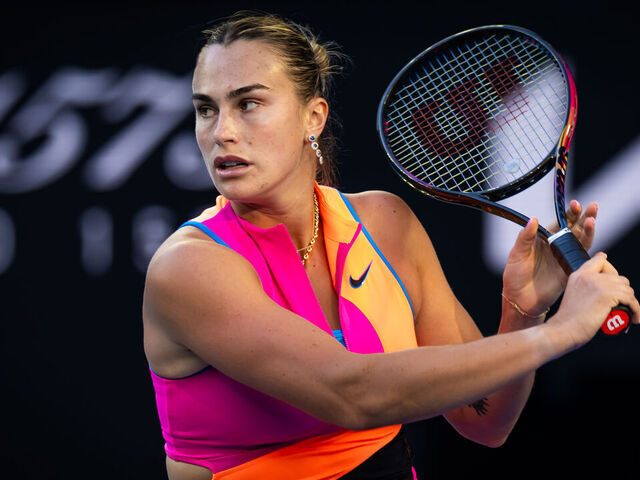 MELBOURNE, AUSTRALIA - JANUARY 18: Aryna Sabalenka in action against Tiantsoa Rakotomanga Rajaonah of France in the first round on Day 1 of the 2026 Australian Open at Melbourne Park on January 18, 2026 in Melbourne, Australia