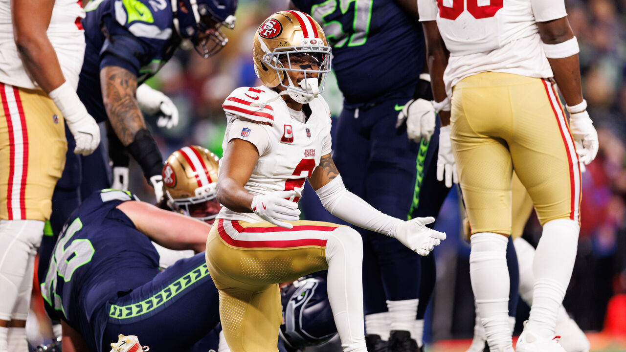 SEATTLE, WASHINGTON - JANUARY 17: Deommodore Lenoir #2 of the San Francisco 49ers reacts after a play during the first quarter of an NFL divisional playoff football game against the Seattle Seahawks at Lumen Field on January 17, 2026 in Seattle, Washington.