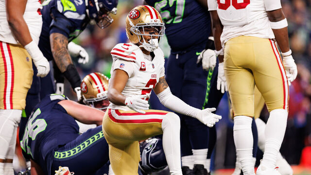 SEATTLE, WASHINGTON - JANUARY 17: Deommodore Lenoir #2 of the San Francisco 49ers reacts after a play during the first quarter of an NFL divisional playoff football game against the Seattle Seahawks at Lumen Field on January 17, 2026 in Seattle, Washington.