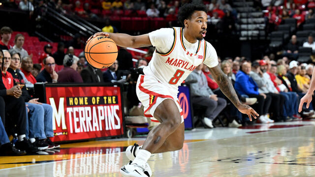COLLEGE PARK, MARYLAND - JANUARY 07: David Coit #8 of the Maryland Terrapins handles the ball against the Indiana Hoosiers at Xfinity Center on January 07, 2026 in College Park, Maryland.