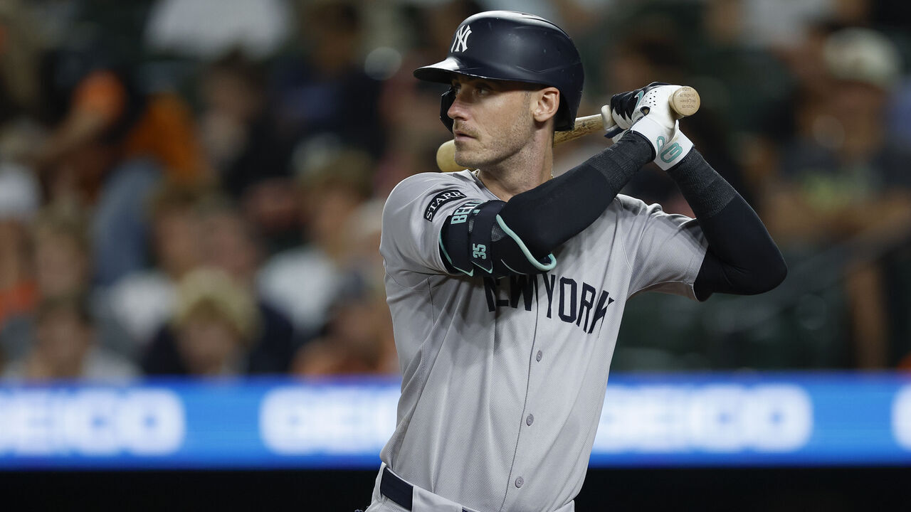 BALTIMORE, MARYLAND - SEPTEMBER 20: Cody Bellinger #35 of the New York Yankees waits for a pitch in the fifth inning during a game against the Baltimore Orioles at Oriole Park at Camden Yards on September 20, 2025 in Baltimore, Maryland.