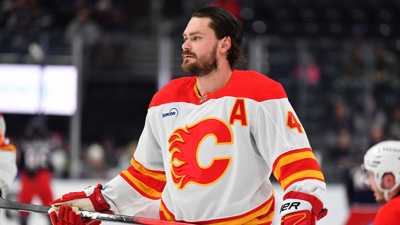 COLUMBUS, OHIO - JANUARY 13: Rasmus Andersson #4 of the Calgary Flames warms up prior to a game against the Columbus Blue Jackets at Nationwide Arena on January 13, 2026 in Columbus, Ohio.