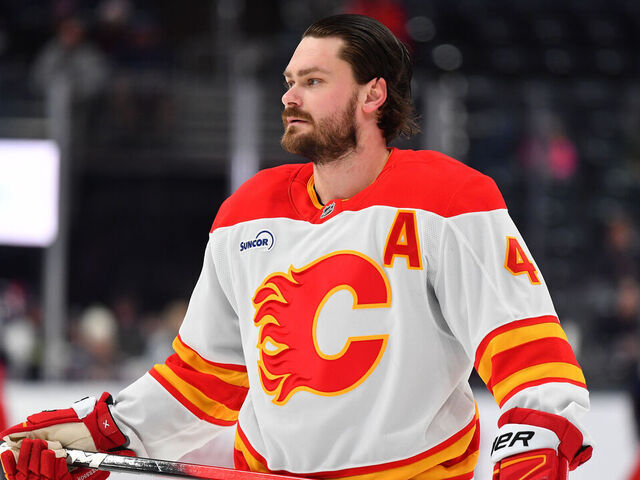 COLUMBUS, OHIO - JANUARY 13: Rasmus Andersson #4 of the Calgary Flames warms up prior to a game against the Columbus Blue Jackets at Nationwide Arena on January 13, 2026 in Columbus, Ohio.