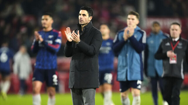 Arsenal manager Mikel Arteta (centre) and players applaud the fans after the final whistle in the Premier League match at the City Ground, Nottingham. Picture date: Saturday January 17, 2026.